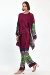 VP1042 Kadın Desenli Bluz Gömlek Pantolon 3lü Takım BORDO