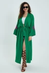 VP911 Nakış Detaylı Kemerli Kimono YESIL