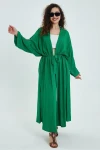 VP911 Nakış Detaylı Kemerli Kimono YESIL